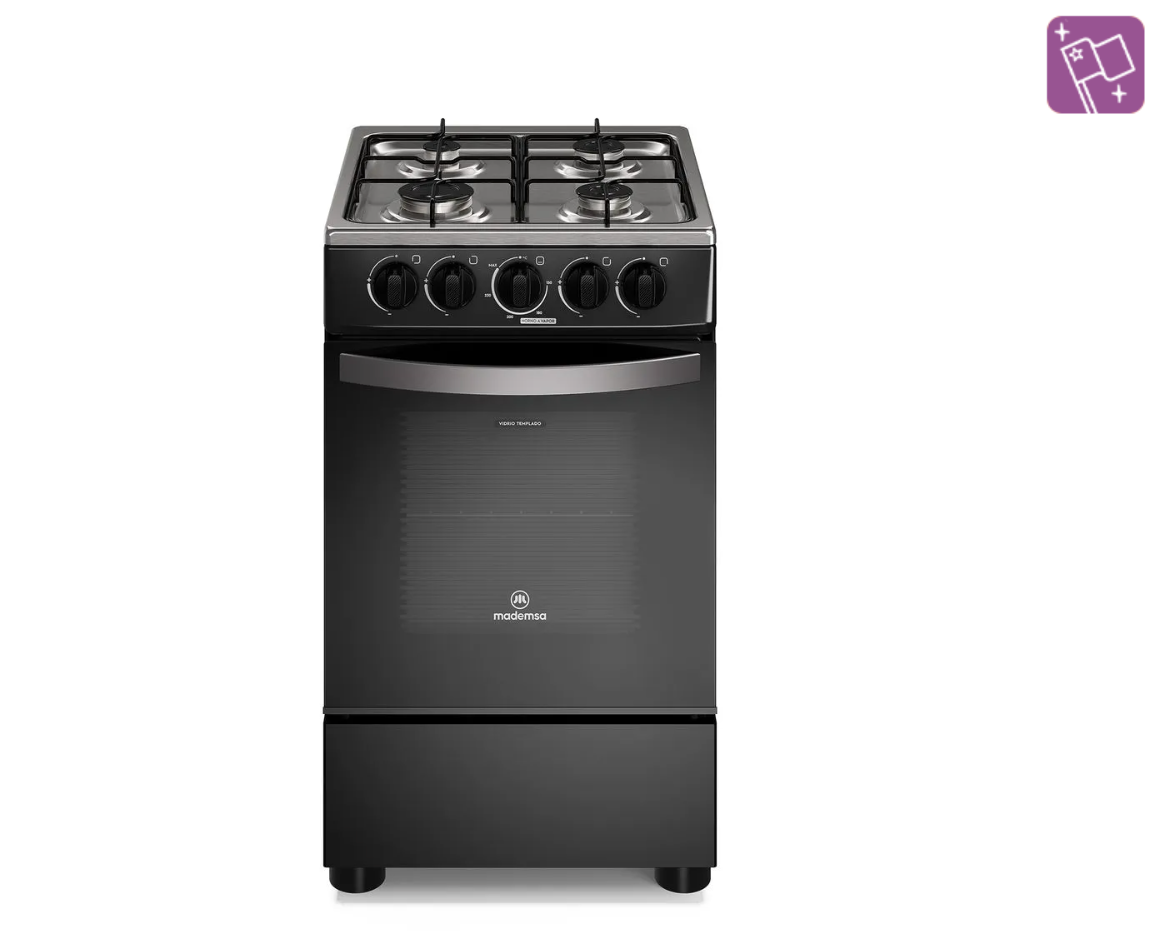 Cocina a Gas 4 Platos Mademsa LimpiaFácil y Parrillas de Alambrón FM4IP Negra