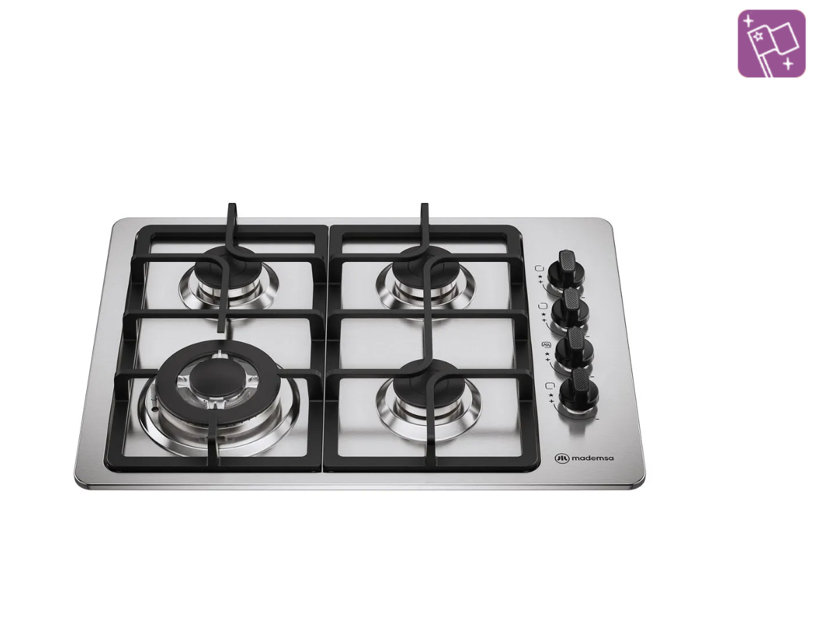 Encimera a Gas 4 Platos Mademsa Triple Llama y Parrillas Hierro Fundido KM4TX Inox