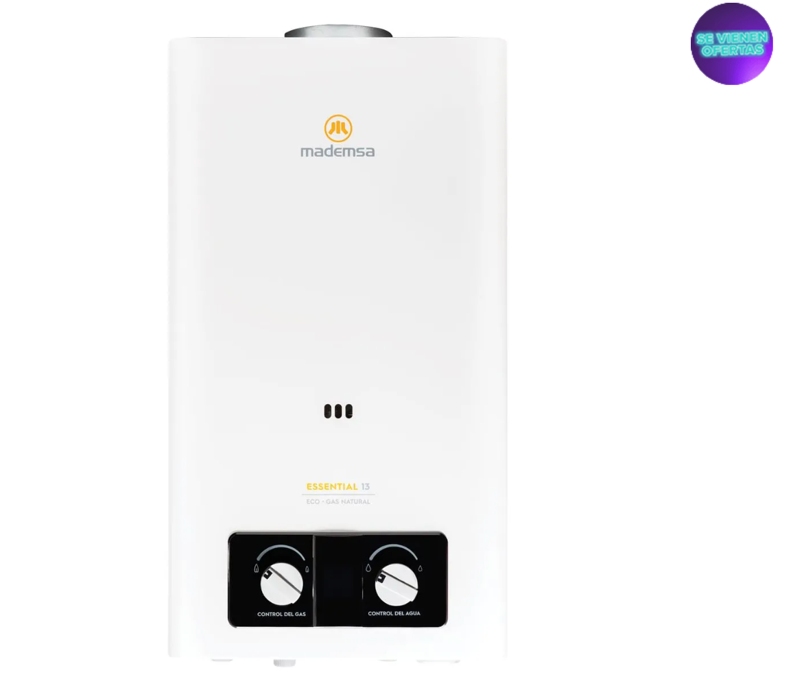 Calefont Gas Natural Mademsa 13 Litros Tiro Natural Ionizado Essential 13 Eco GN Blanco