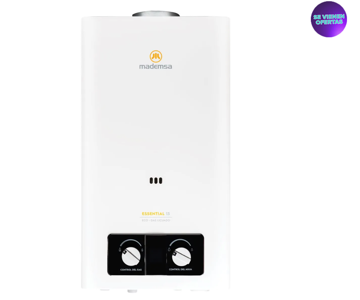 Calefont Gas Licuado Mademsa 13 Litros Tiro Natural Ionizado Essential 13 Eco GL Blanco