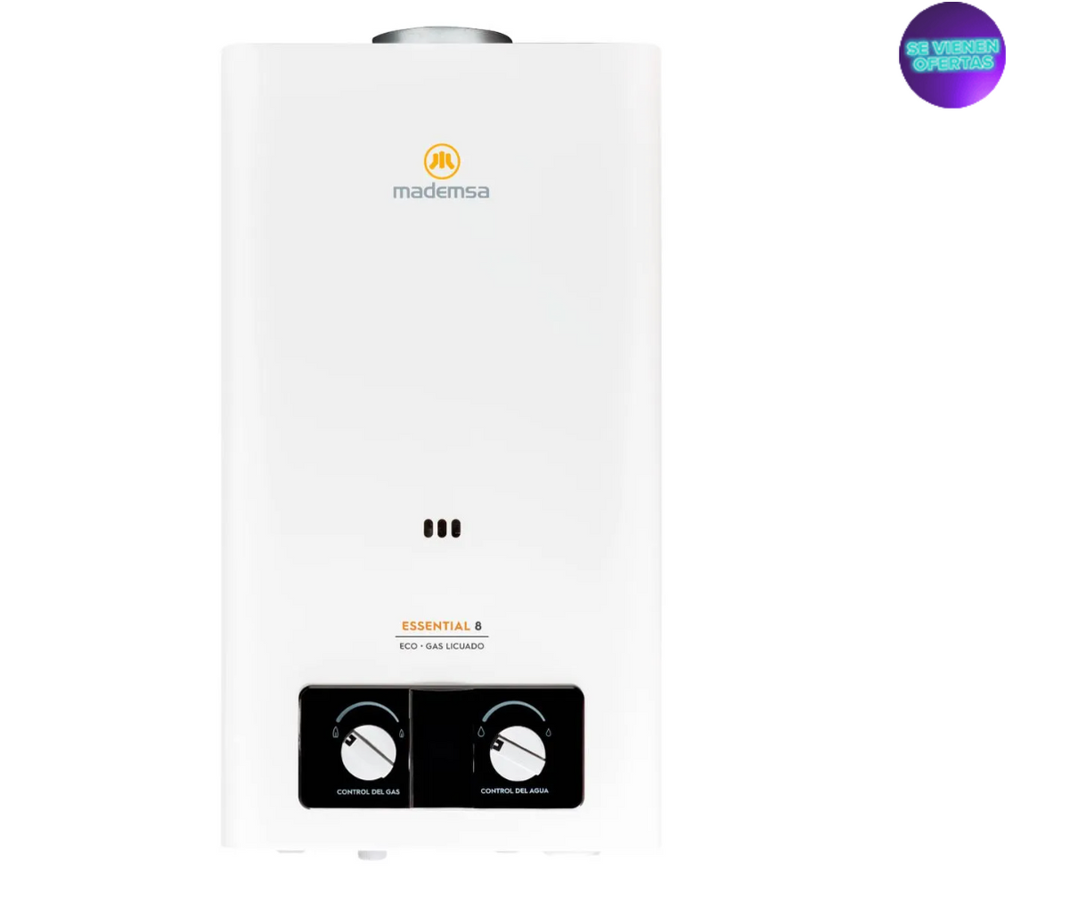 Calefont Gas Licuado Mademsa 8 Litros Tiro Natural Ionizado Essential 8 Eco GL Blanco