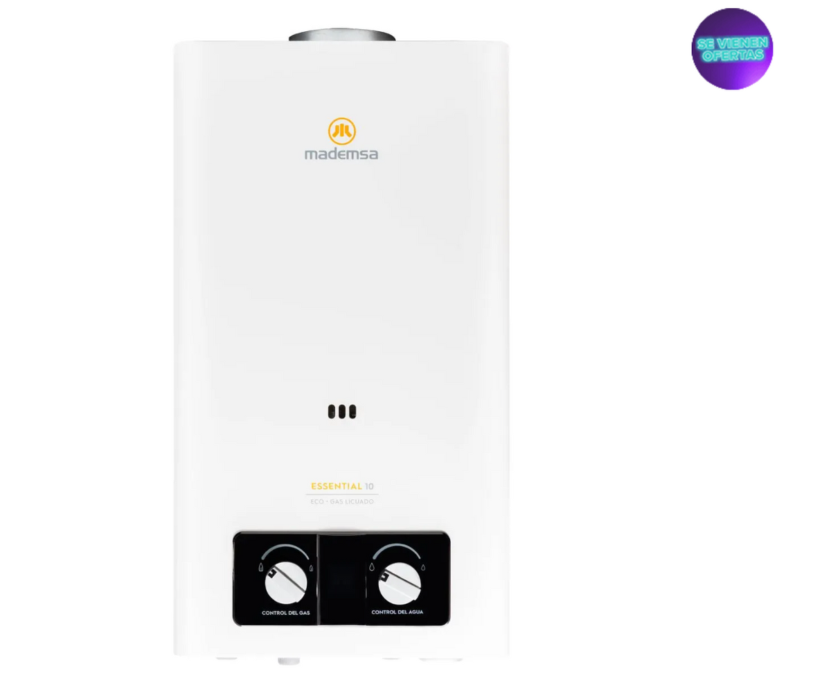 Calefont Gas Licuado Mademsa 10 Litros Tiro Natural Ionizado Essential 10 Eco GL Blanco