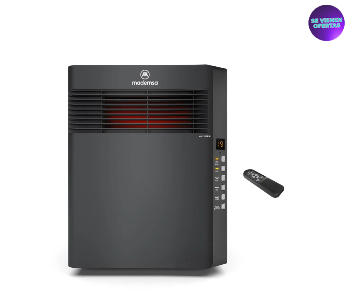 Estufa Eléctrica Infrarroja Mademsa 1500W Digital, Modo Eco y Control Remoto INF10 Negra